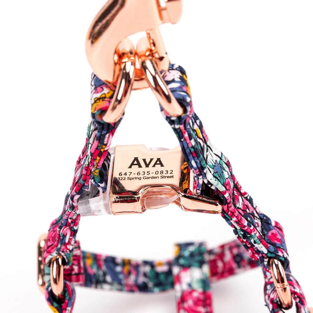 100% Cotton Adjustable Step-In Dog Harness Rose Gold Blossom Blue buckle