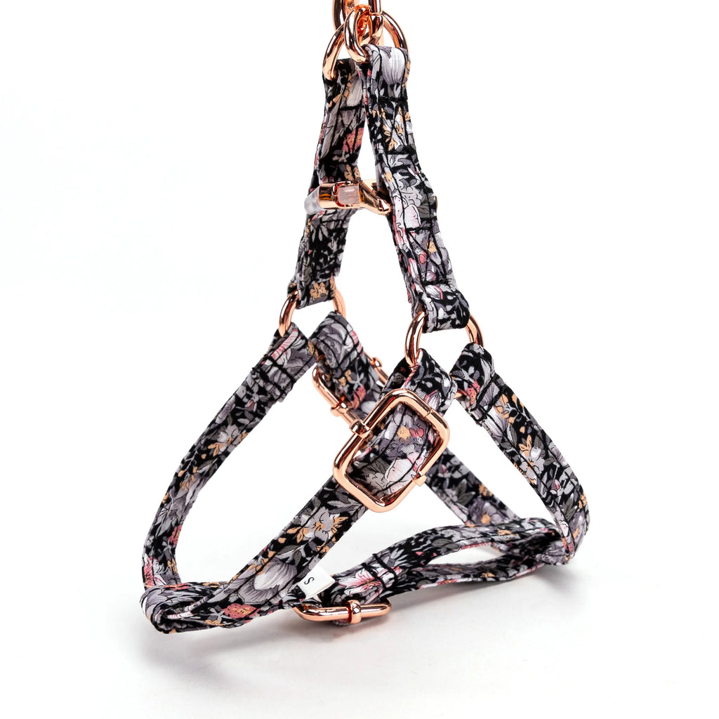 100% Cotton Adjustable Step-In Dog Harness Rose Gold Blossom Grey side view