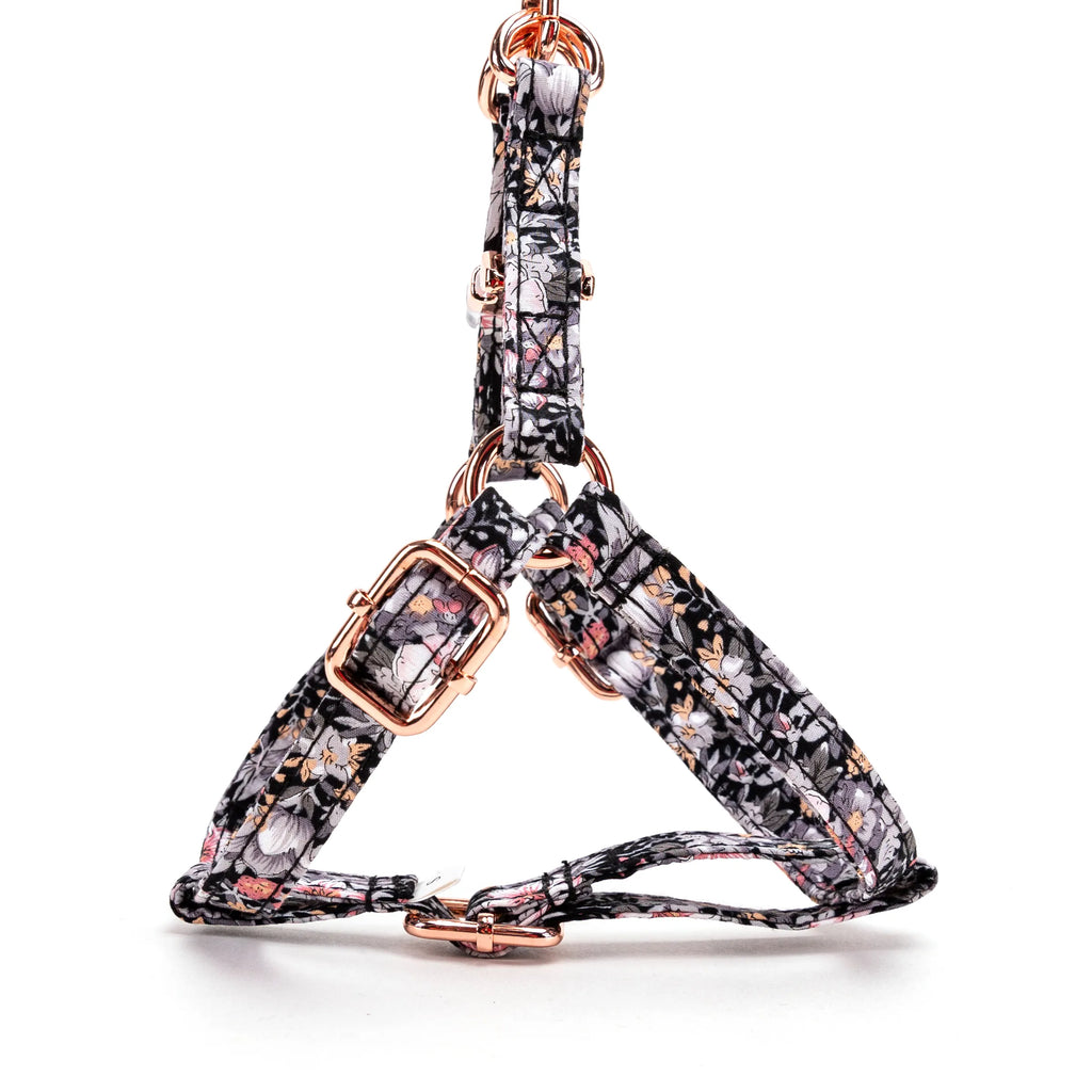 100% Cotton Adjustable Step-In Dog Harness Rose Gold Blossom Grey side