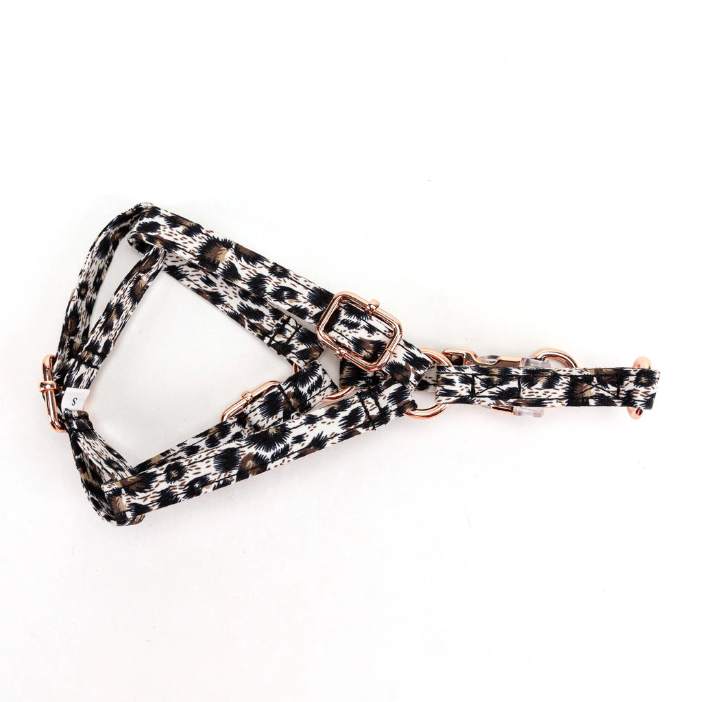 100% Cotton Adjustable Step-In Dog Harness Rose Gold Leopard Brown lying flat