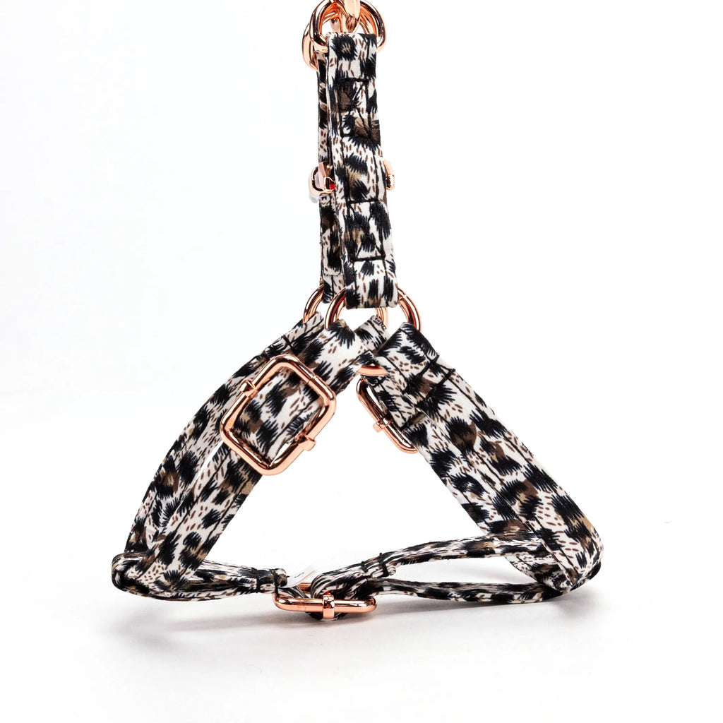 100% Cotton Adjustable Step-In Dog Harness Rose Gold Leopard Brown side