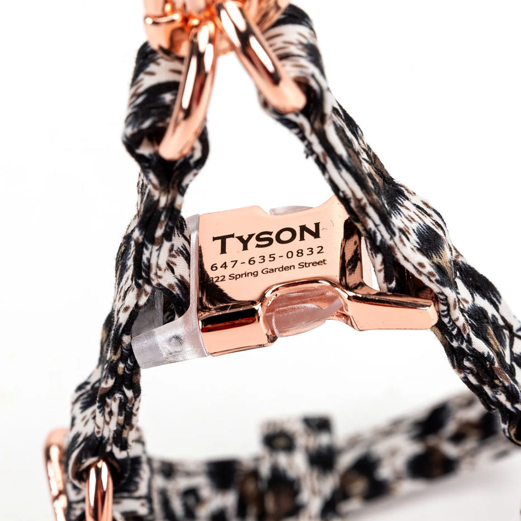 100% Cotton Adjustable Step-In Dog Harness Rose Gold Leopard Brown buckle