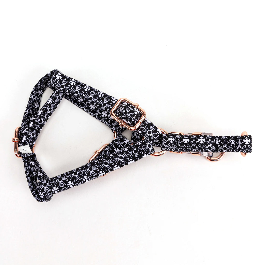 100% Cotton Adjustable Step-In Dog Harness Rose Gold Chrome Hearts Black lying flat