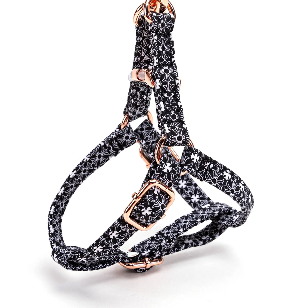 100% Cotton Adjustable Step-In Dog Harness Rose Gold Chrome Hearts Black side view