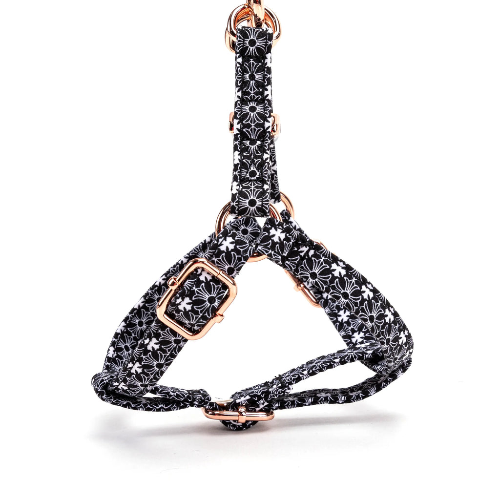 100% Cotton Adjustable Step-In Dog Harness Rose Gold Chrome Hearts Black side