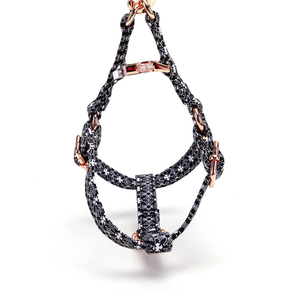 100% Cotton Adjustable Step-In Dog Harness Rose Gold Chrome Hearts Black back