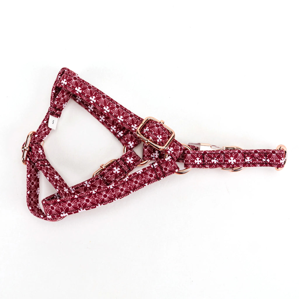 100% Cotton Adjustable Step-In Dog Harness Rose Gold Chrome Hearts red lying flat