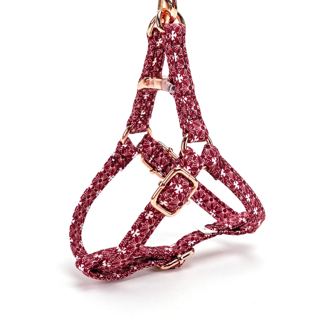 100% Cotton Adjustable Step-In Dog Harness Rose Gold Chrome Hearts red side view