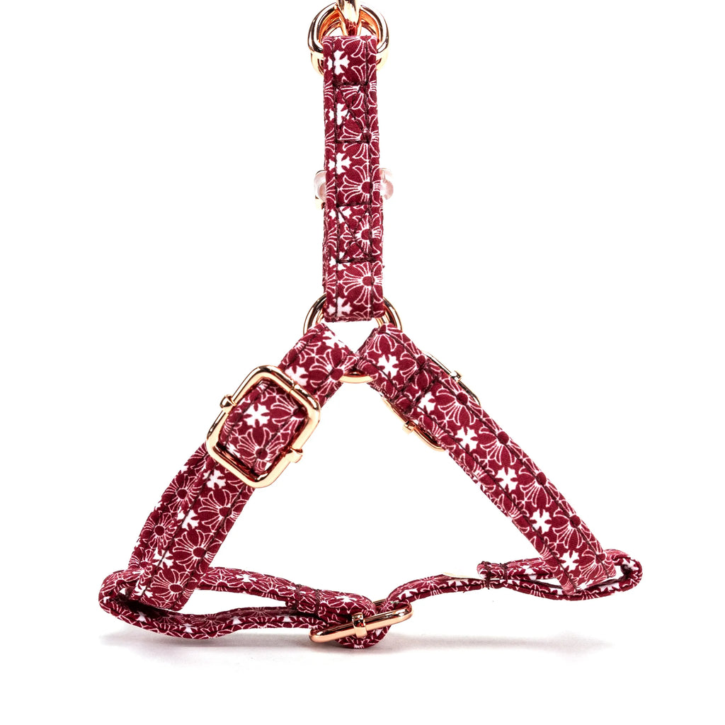 100% Cotton Adjustable Step-In Dog Harness Rose Gold Chrome Hearts red side