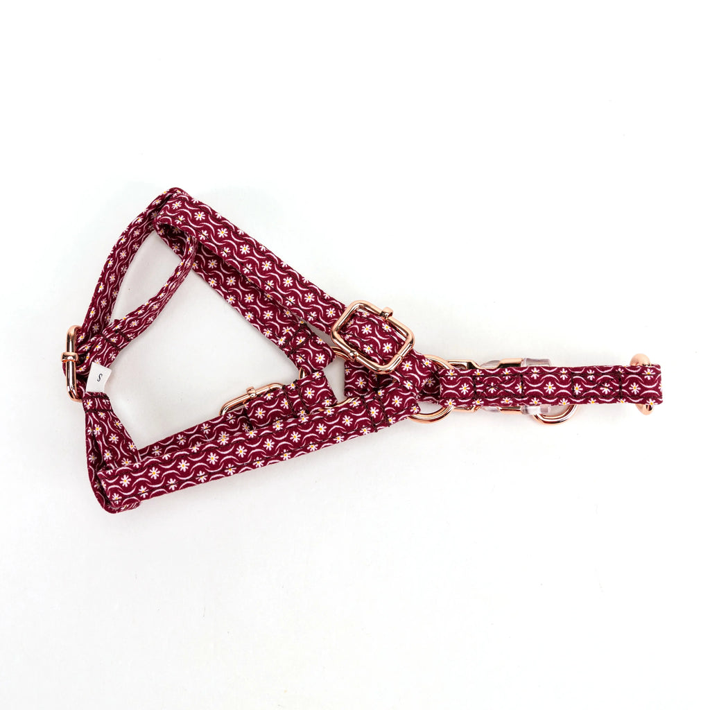 100% Cotton Adjustable Step-In Dog Harness Rose Gold Heritage Red lying flat