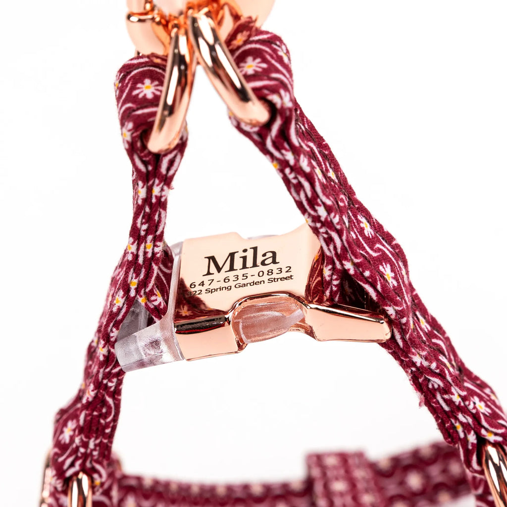 100% Cotton Adjustable Step-In Dog Harness Rose Gold Heritage Red buckle