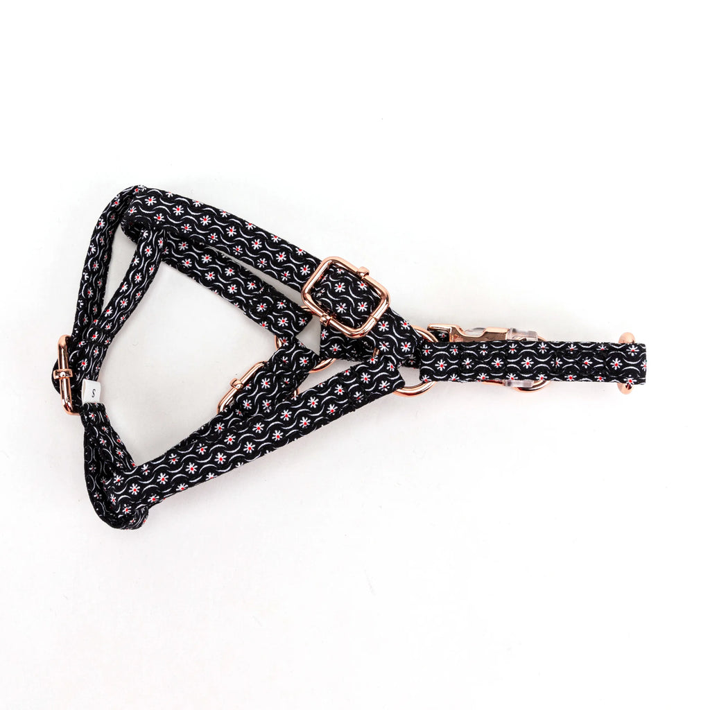 100% Cotton Adjustable Step-In Dog Harness Rose Gold Heritage Black lying flat