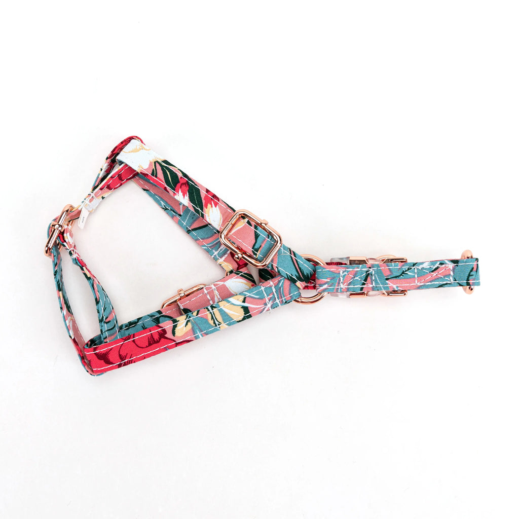 100% Cotton Adjustable Step-In Dog Harness Rose Gold Romantic Rose lying flat