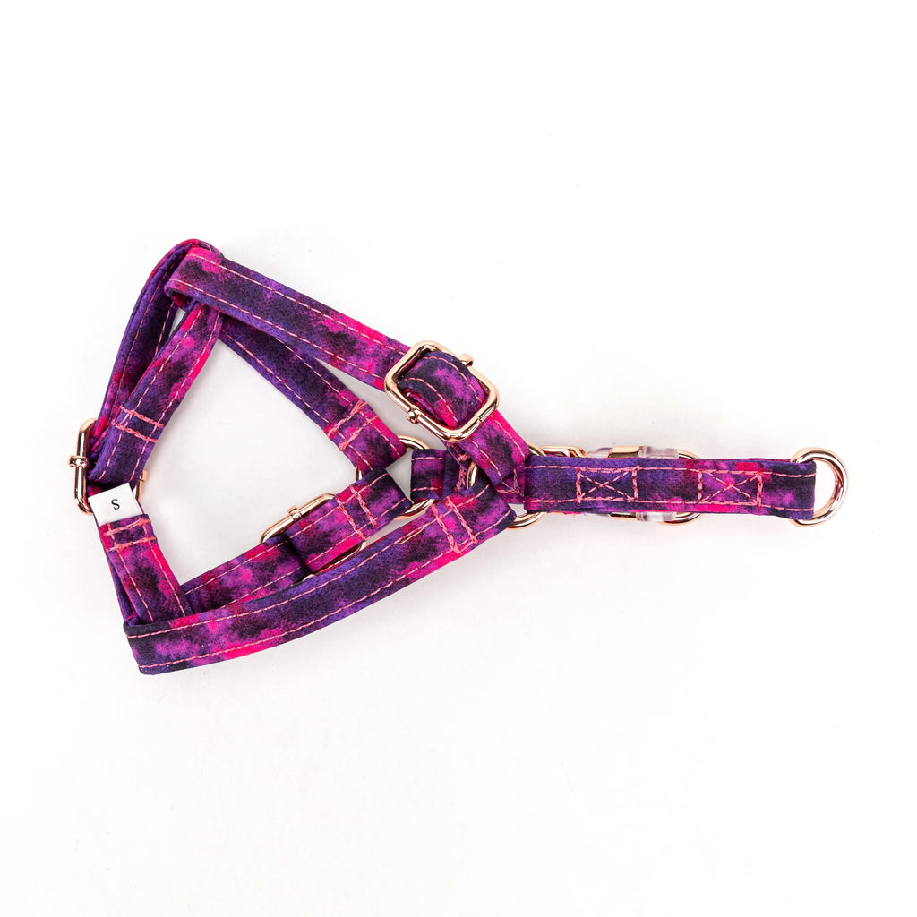 100% Cotton Adjustable Step-In Dog Harness Rose Gold Galaxy lying flat