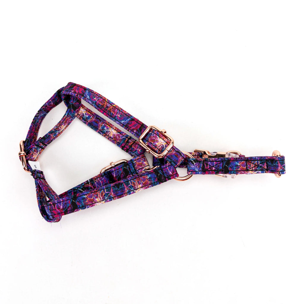 100% Cotton Adjustable Step-In Dog Harness Rose Gold Nebula lying flat