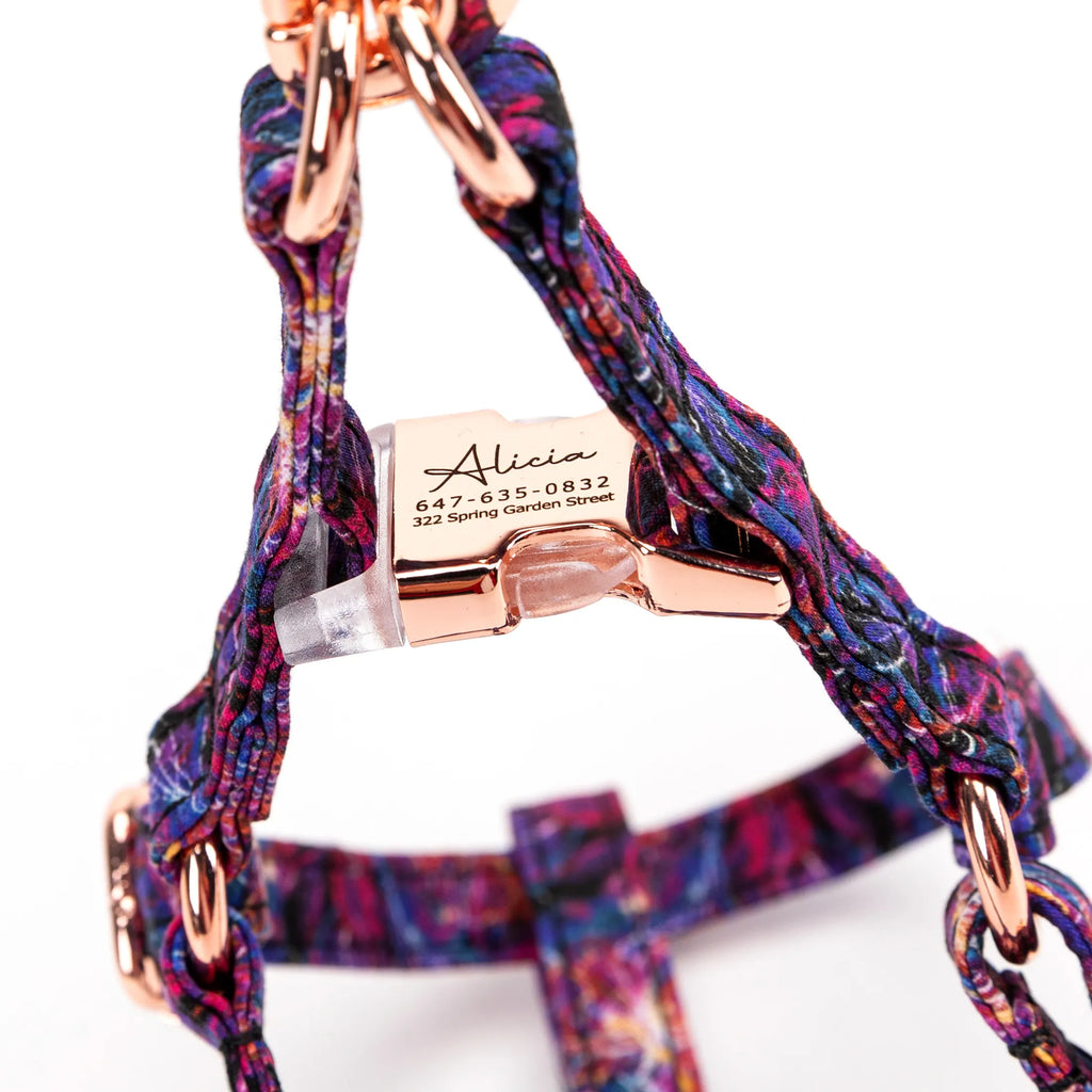 100% Cotton Adjustable Step-In Dog Harness Rose Gold Nebula buckle