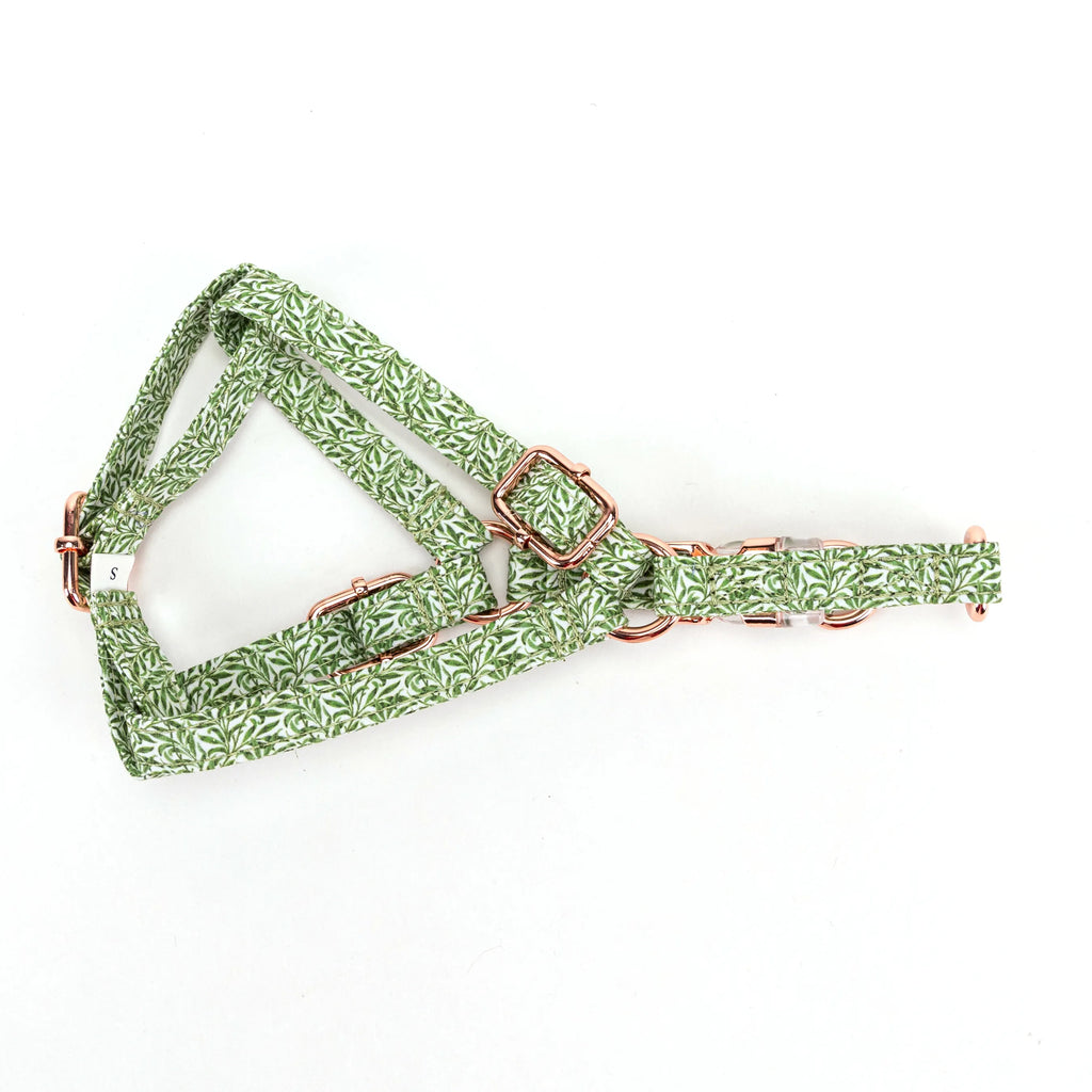 100% Cotton Adjustable Step-In Dog Harness Rose Gold Willow Bough lying flat