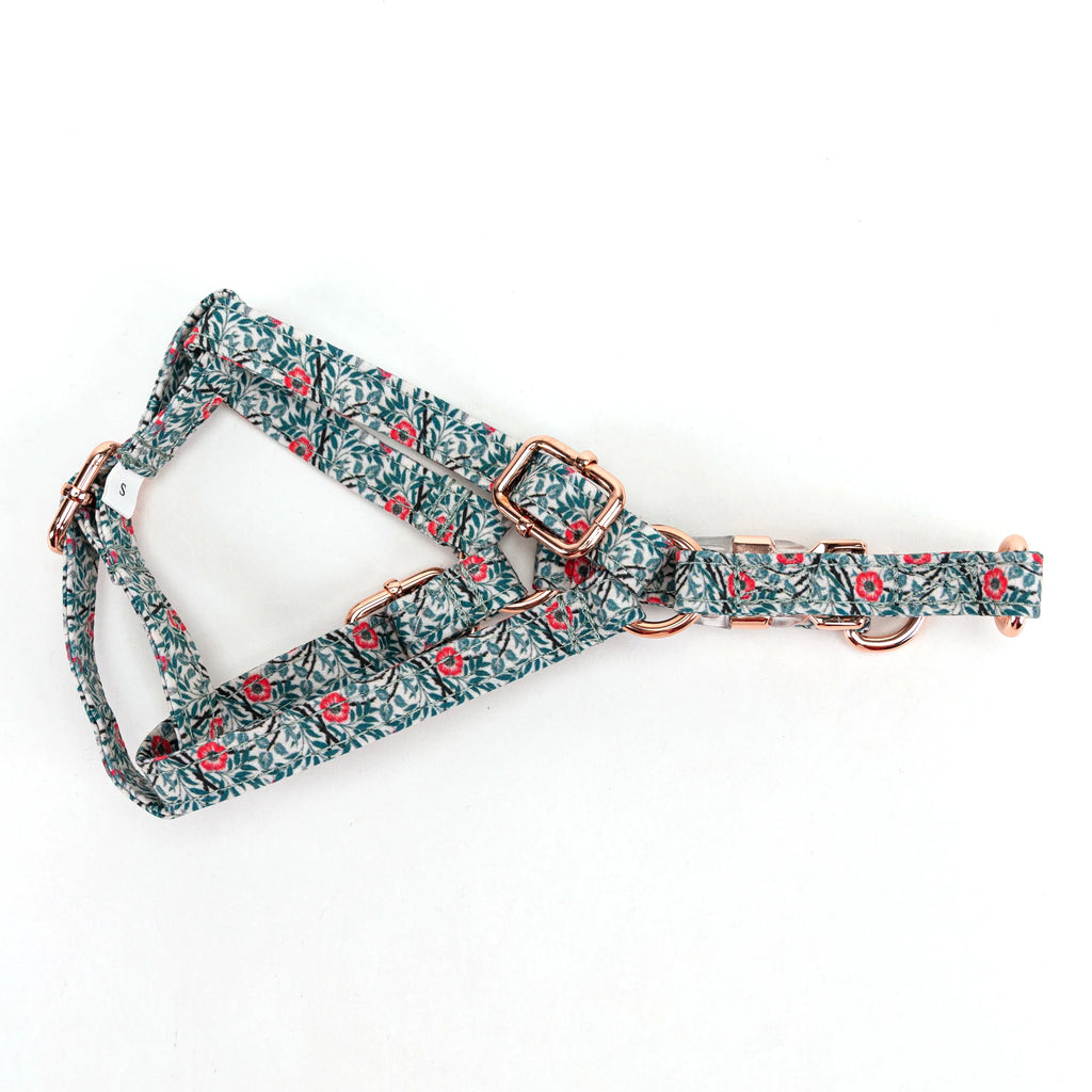 100% Cotton Adjustable Step-In Dog Harness Rose Gold Sweet Briar lying flat